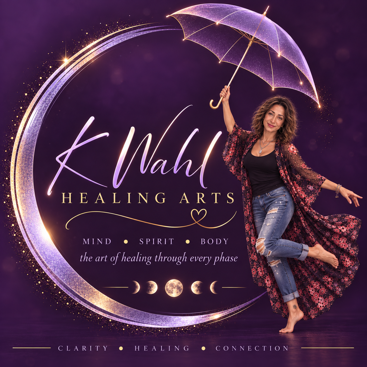 K Wahl Healing Arts: Kelly beneath a luminous purple umbrella, surrounded by a silver and gold crescent.